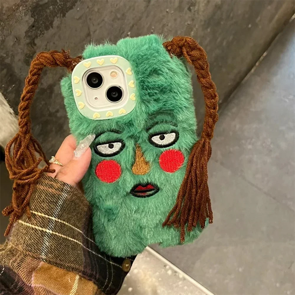 Korean Cute Funny Ugly Blush Face Fur Case For iPhone 15 14 13 12 Pro Max 11 Cartoon DIY Braids Plush Shockproof Soft Cover