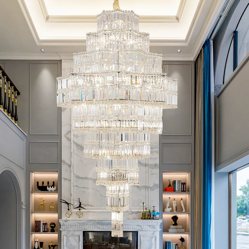 Creative Luxury Villa Living Room Crystal Chandelier Duplex Hollow Staircase Long Chandelier High-End New Chinese Air Chandelier