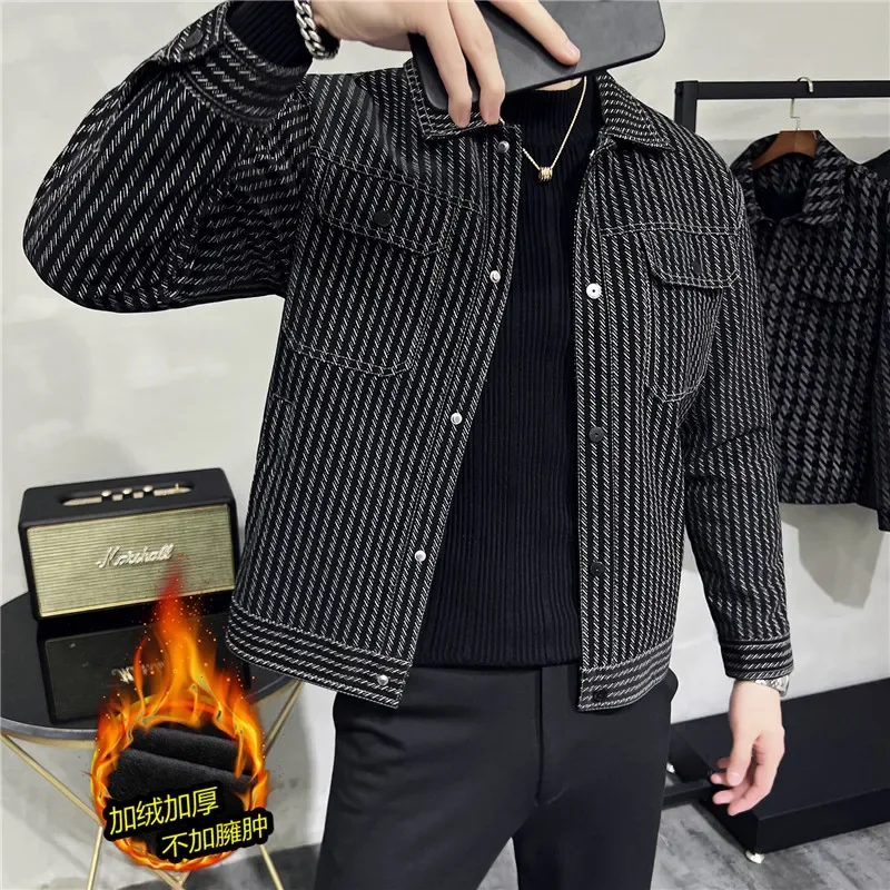 

Fashion Striped Leather Jackets Men's Winter Thicken Warm Casual Coats Motorcycle PU Jacket Streetwear Social Party Men Clothing