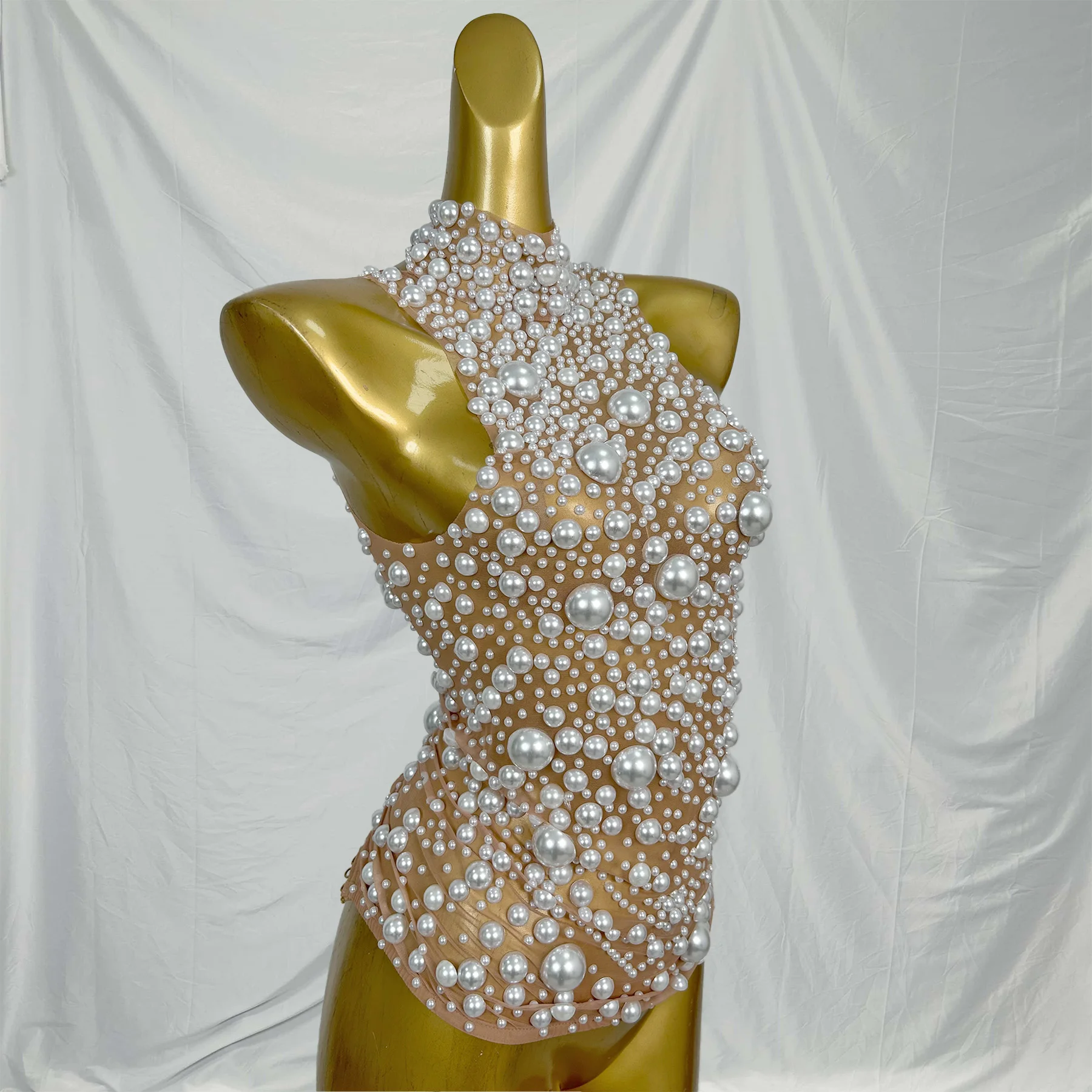 

Sexy Sleeveless See Through Pearls Tops Women Strap Bodycone Tank Vest Ladies Club Party Festival Outfit Stripper Dancewear