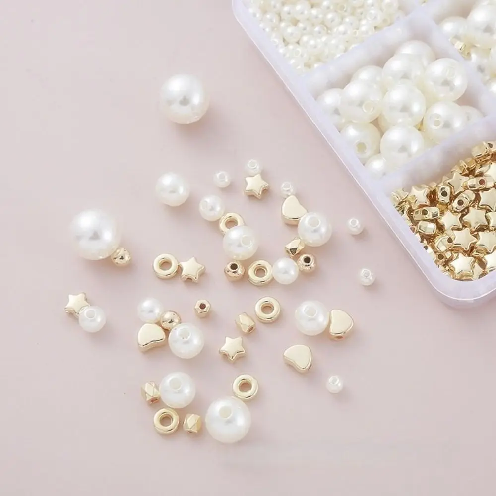 1890pcs Round Shape Pearl Beads Set 4/6/8/10/12mm Size with Gold Beads Jewelry Making Beads White Crafting Beads for Necklaces