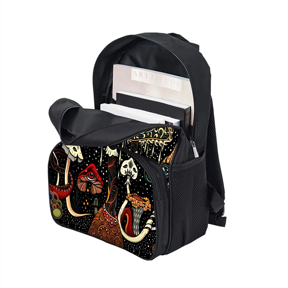 Bohemian Mushroom Print School Backpack for Boys/Girls Best Gift Waterproof 3D Cartoon Round Front Pocket Bag for Children