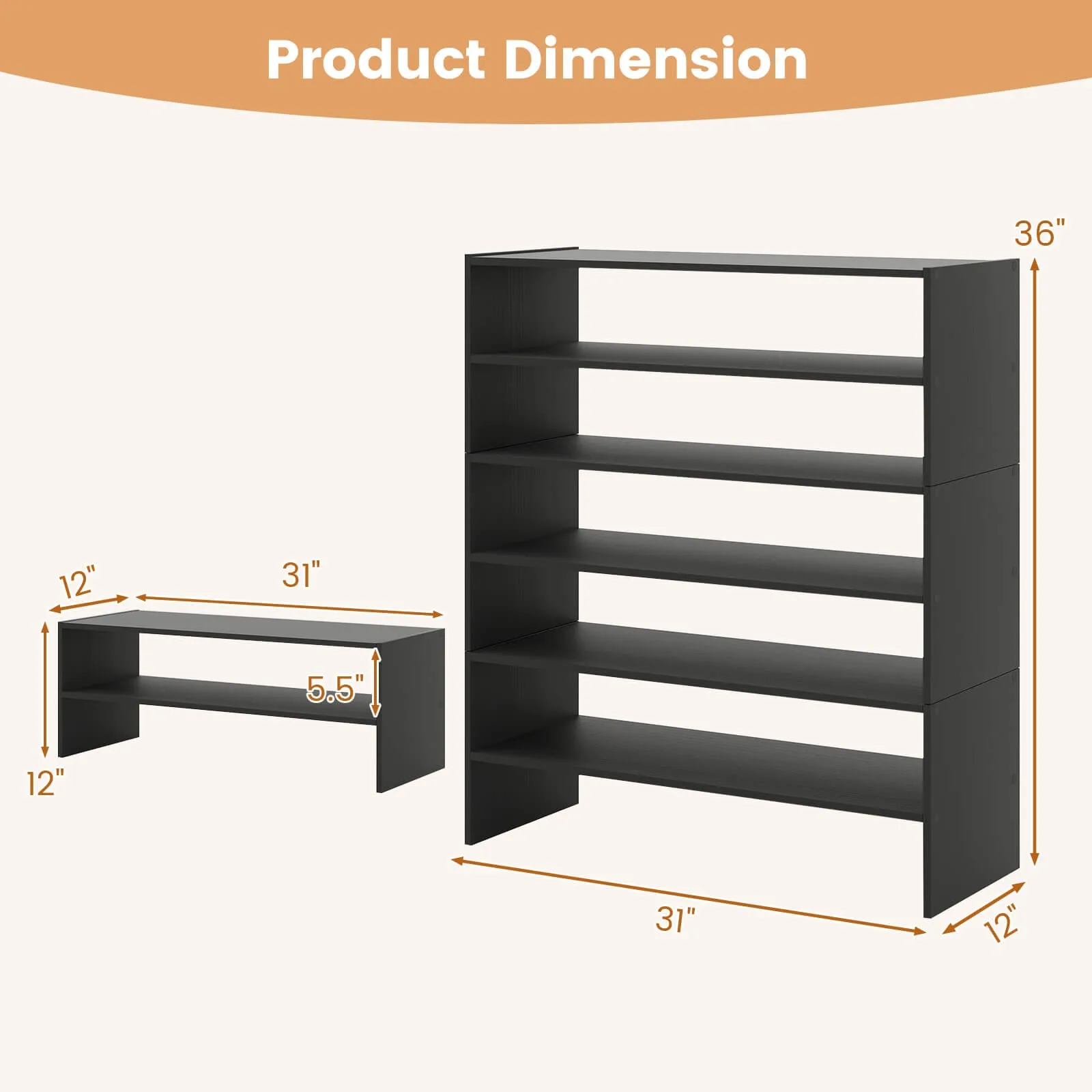 3 PCS Stackable Shoe Rack 31-Inch Horizontal Organizer 2-tier StorageShelf Brown