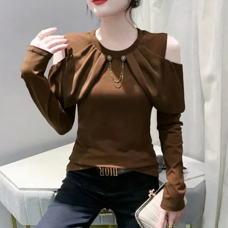 Spring Autumn Long Sleeve Off Shoulder Bottoming Shirt Hollow Out Slim Temperament T Shirt Tops Fashion Elegant Women Clothing