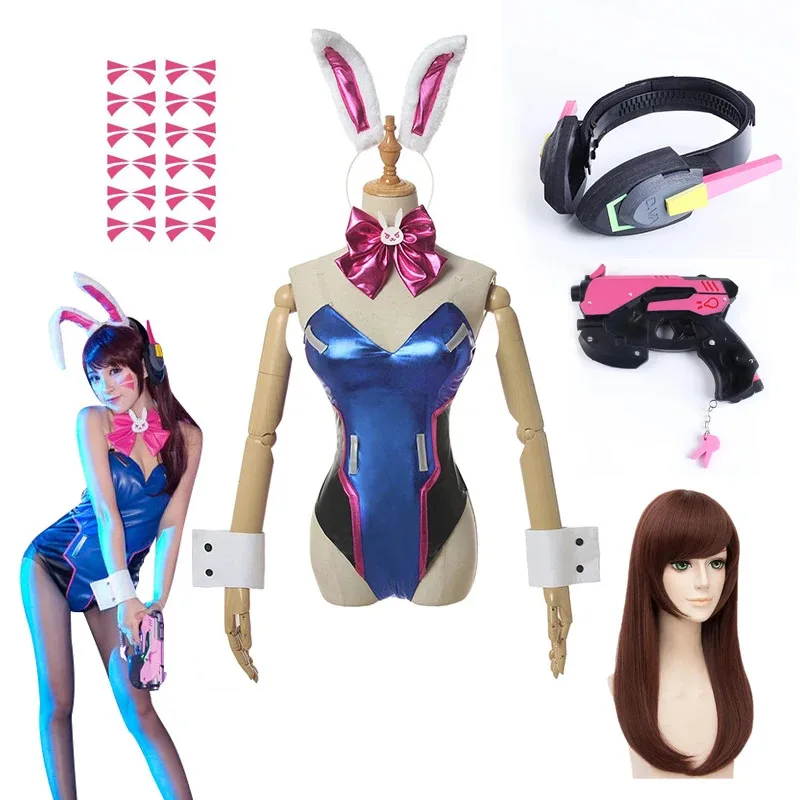 LCK01 เกม Dva ชุดคอสเพลย์ชุดบอดี้สูทวิกผมหูฟังปืนผู้หญิง PU หนังกระต่ายสาว Jumpsuit Zentai สูทฮาโลวีน CosplYh1 @!