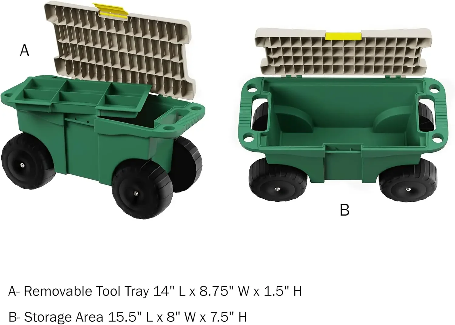 Carrito de jardín rodante con asiento, almacenamiento de plástico con Banco y bandeja de herramientas interiores, taburete de jardinería para jardín By Pure