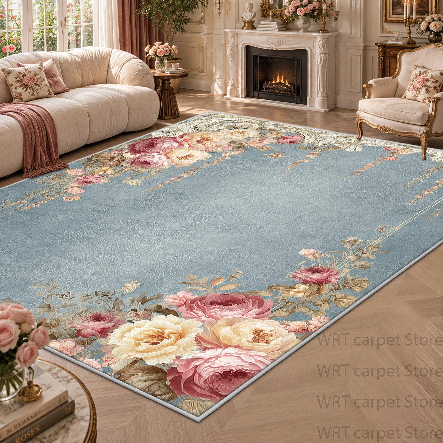 French Style Floral Large Living Room Carpets Machine Washable Fluffy Soft Decoration Rug Bedroom Patio Non-slip Floor Mat Home