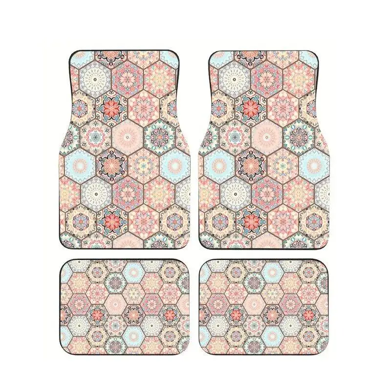 

Boho Hexagon Floral Pattern Car Floor Mats 4Pcs Non-slip Wear Waterproof Auto Foot Pads Interior Protective Mats For Sedan SUV