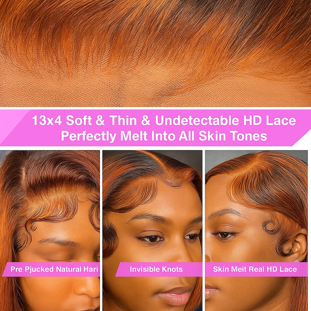 # Peruki bob z prostych włosów naturalnych 4/350 Omber Ginger z brązowymi pasemkami, krótkie, z przedziałkiem 13x4, z koronką z przodu, ulepszone, bezklejowe.