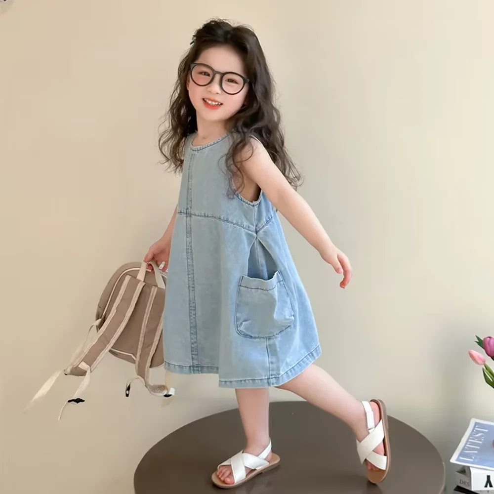 Girls Denim Vest Dress Summer 2026 New Style Children Sleeveless Large Pocket A-Line Dress 2 3 5 7 Years