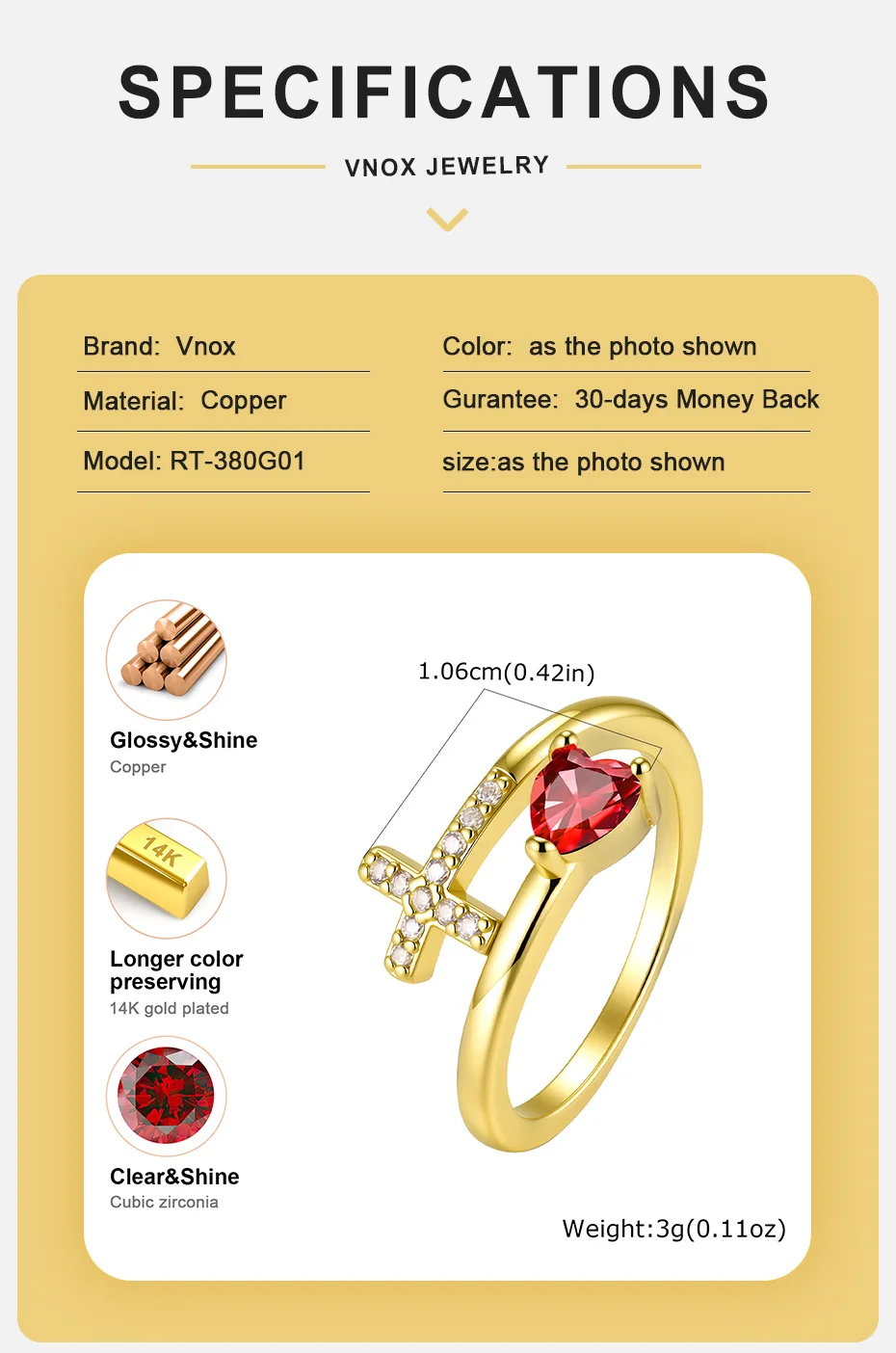 Vnox Vergoldeter Herzring mit AAA-Zirkonia für Damen, Einzigartiges Design, Glänzende Bunte Kristalle, Kreuzring, Romantischer Religiöser Schmuck – Detail 7