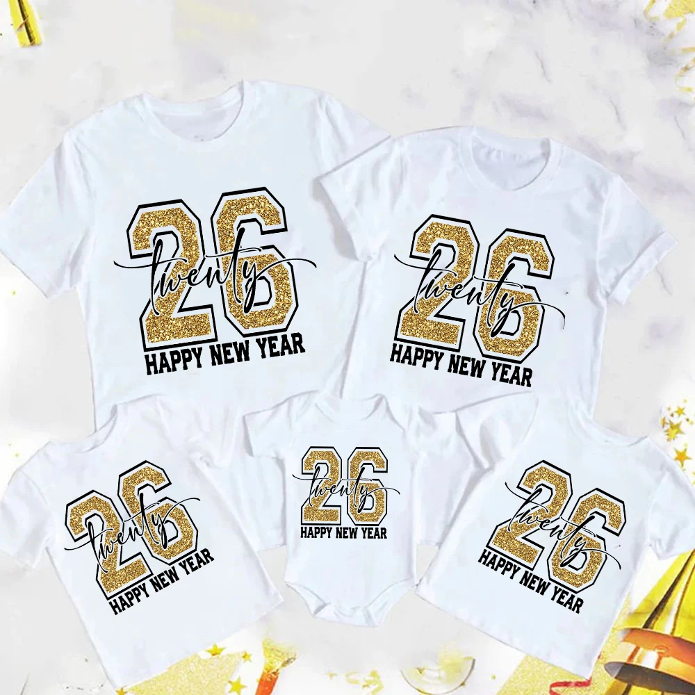 Happy New Year 2026 Print Family Matching T-Shirts Man Women Kid Tee Tops Baby Soft Romper New Year Party gift
