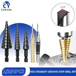 1/3pcs HSS Set di punte per trapano a gradino con scanalatura dritta 3-12mm 4-12mm 4-20mm Set di punte per trapano con foro in metallo rivestito in titanio