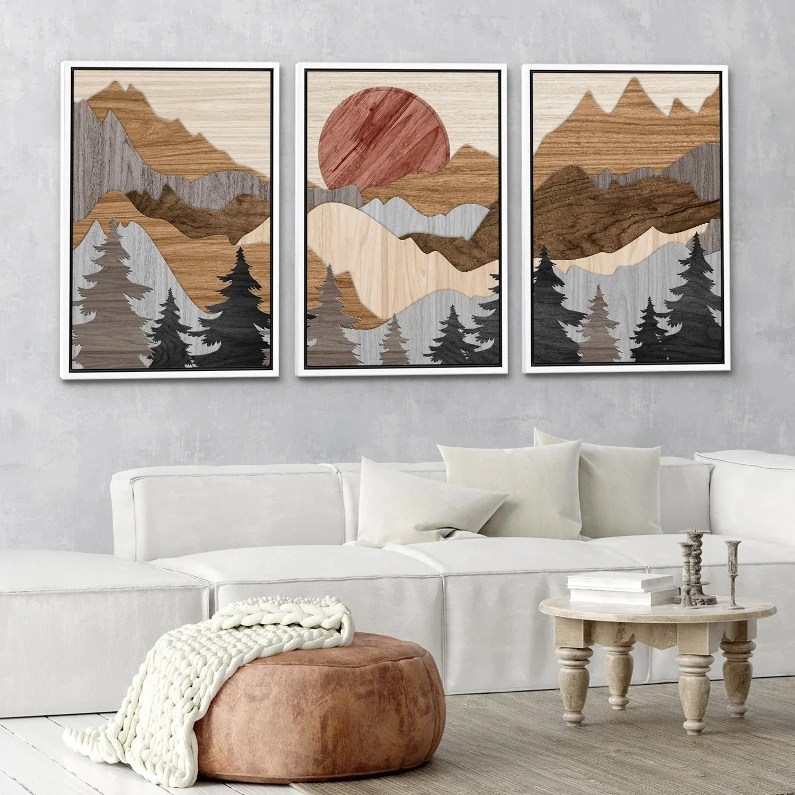 Nordic Boho Wooden Texture Mountain Canvas Poster Abstract Sun Pine Forest Landscape Wall Art for Home Interior Decoration