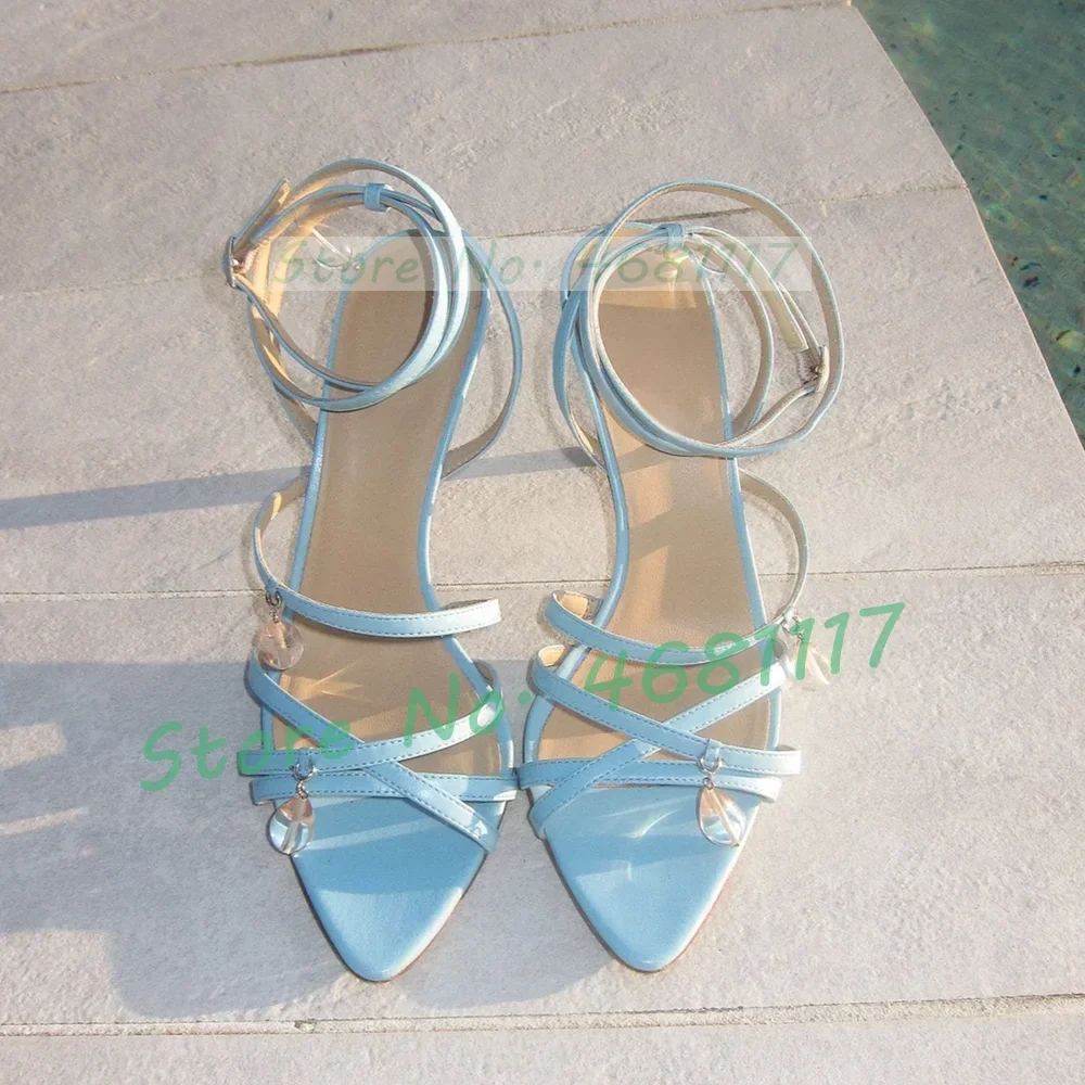 Blue Cross Strap Sandals With Clear Pendant Women Newest Ankle Buckle Strap Thin High Heel Female Summer Pointed Toe Sandals