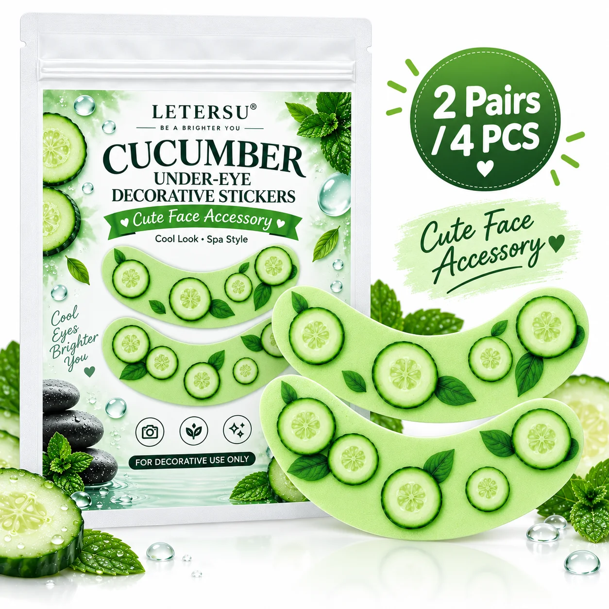 4PCS Cucumber Under Eye Stickers, Cute Green Eye Patches, Spa Style Face Makeup Decorations for Women, Party Photos