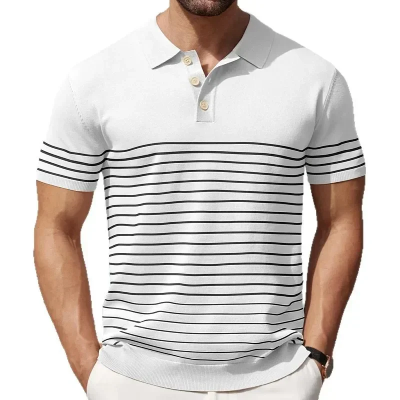 Pop Men's Casual Trendy Black White Khaki Striped Short Sleeve Turn-down Collar Business Slim T-shirts New Fashion Male Tops Clo