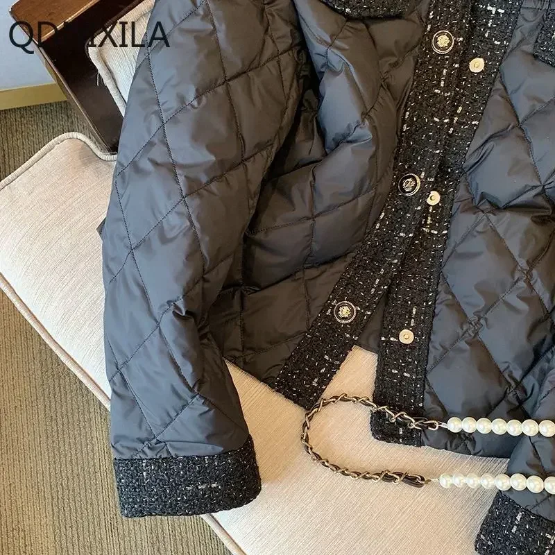 Xiaoxiangfeng，lattice，Black Quilted Jacket，Parkas，Women's Winter Jacket，New in Coats，retro Temperament，Thin and Light，Short Coat