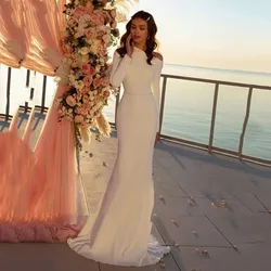 Abiti da sposa a sirena in raso di lusso Morden 2025 Cintura con collo di perle Manica intera Abiti da sposa Piega Corte dei treni Robe Nuovo personalizzato