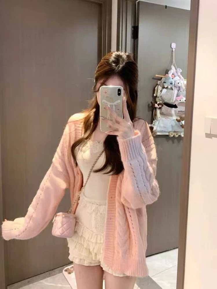 

Women Sweet Kawaii Pink V-neck Sweater Coat Early Autumn Casual Loose Fashion Knit Cardigan Ladies Y2k Elegant Chic Top New 2025
