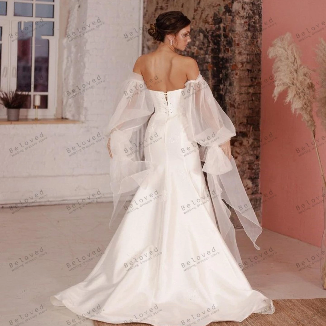 Abiti da sposa semplici guaina in raso sirena Sexy senza spalline Backless Robes per la festa formale Sweep Train Vestidos De Novia 2024