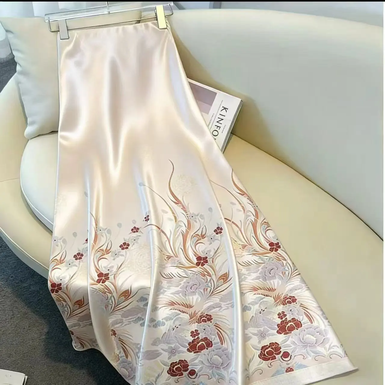 New Chinese National-Style Skirts for Women, Spring/Summer 2026 New High-Waisted Slimming A-Line Pencil Printed Satin Skirt