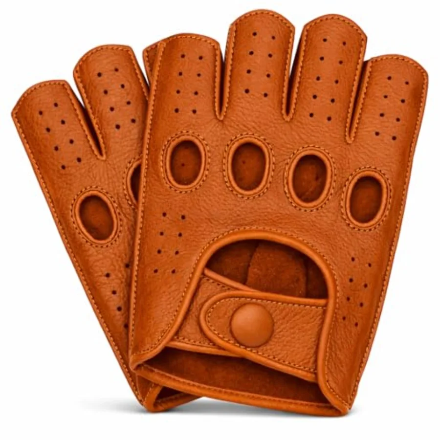 

Mens fingerless leather driving gloves for motorcycle and classic motoring genuine cowhide, black, reverse-stitched vintage mot