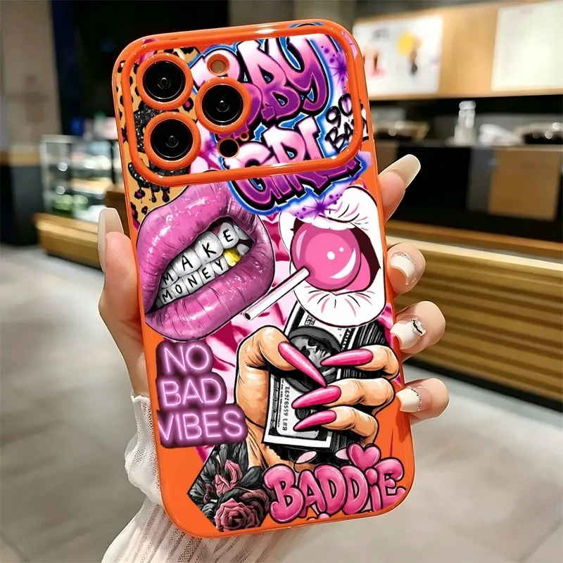Hip Hop Pink Lips Baby Girl Graffiti Print Phone Case For iPhone 17 16 15 14 13 12 11 Pro Max Plus Soft Shockproof TPU Cover