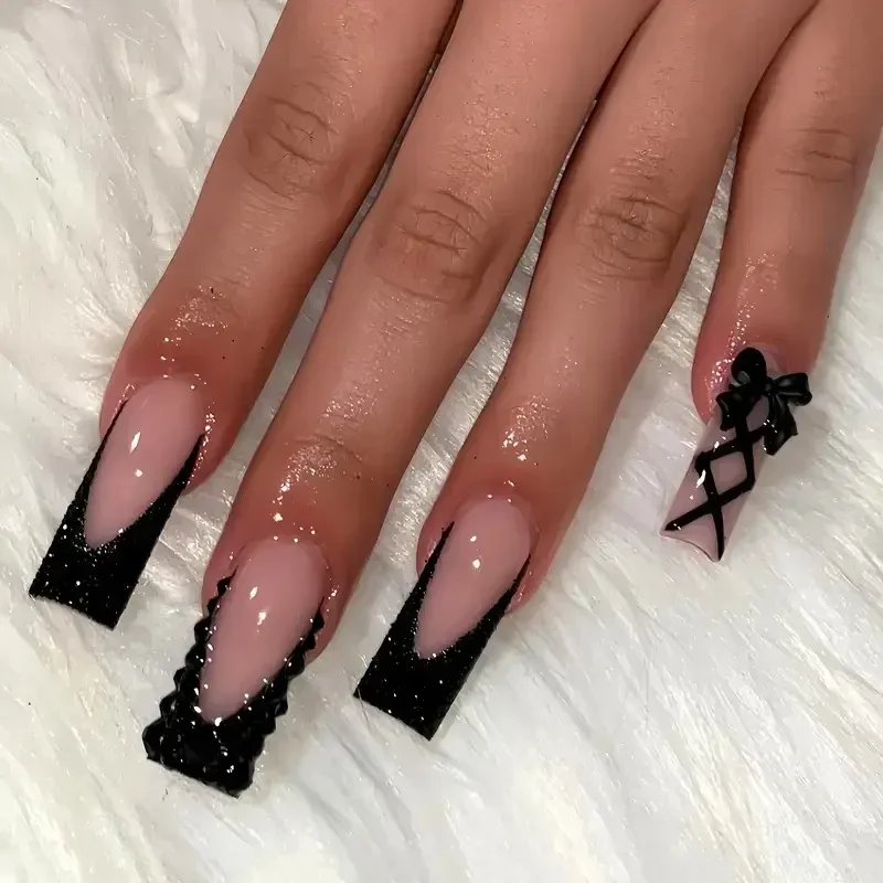 24 piezas de uñas postizas largas cofre francés con pegamento, lazo y diamante, uñas acrílicas press-on negras bailarina, punta de manicura 2