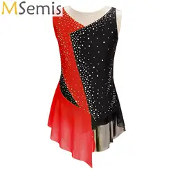 Kids Girls Sparkly Figure Skating Leotard Dress Color Block Mesh Patchwork Sleeveless Bodysuit Dance Ballet Gymnastics Dresses