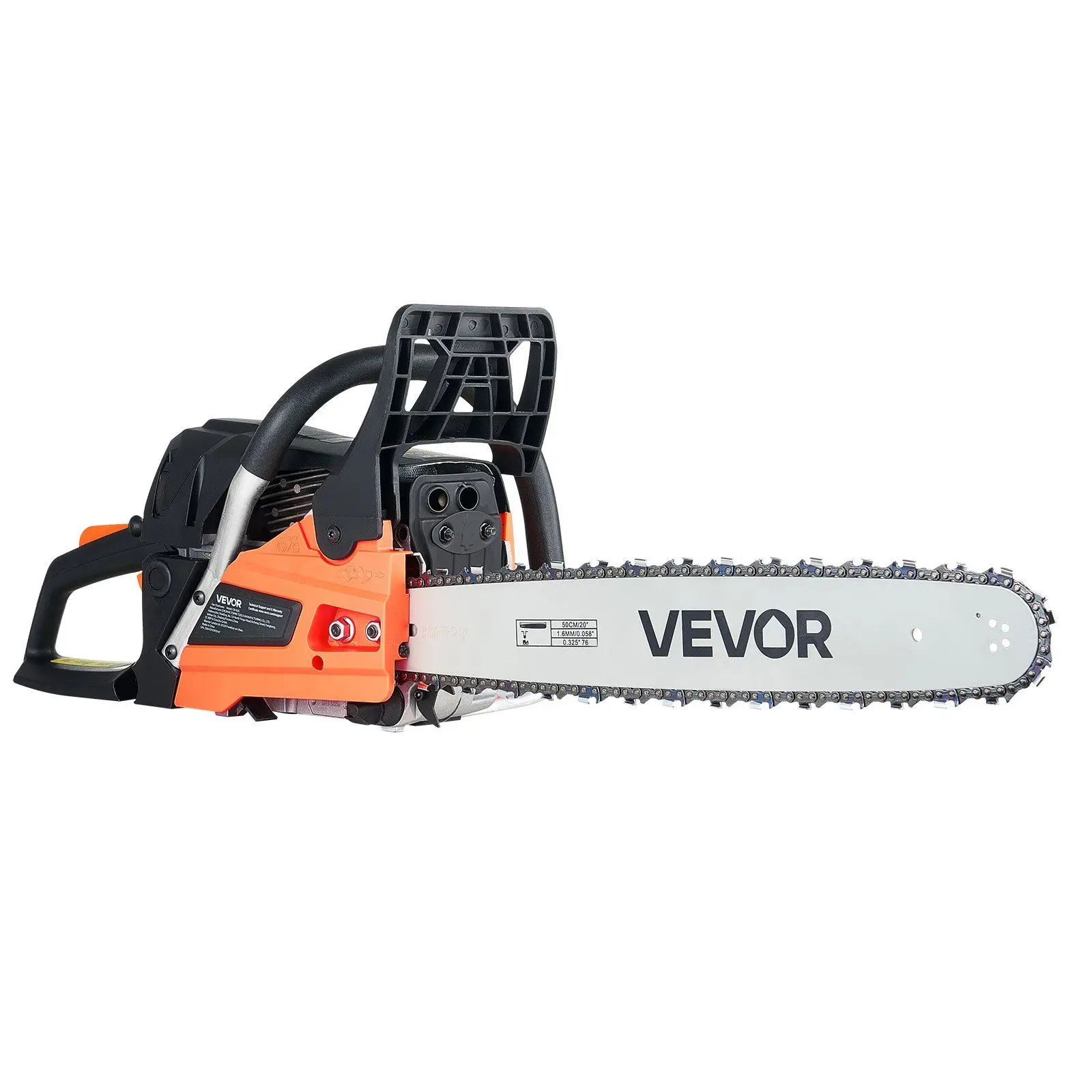 

Бензопила VEVOR 62CC, 20 дюймов, 3.8 л.с., с нескользящей рукояткой, двумя топливными баками, для распиловки древесины и обрезки деревьев