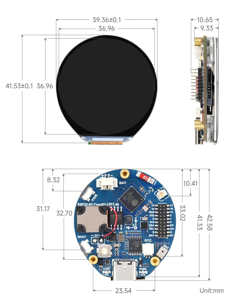 Placa de desenvolvimento de display redondo ESP32S3 de 1,46 polegadas, suporta WiFi/BLE, acelerômetro e sensor giroscópio, alto-falante e microfone