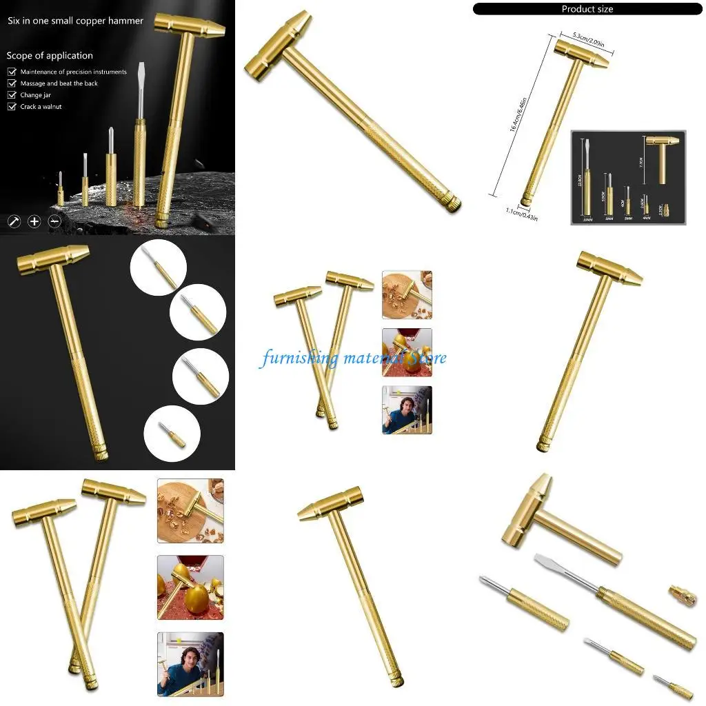 Y5GD 6 in 1 Multifunction Copper Hammer & Screwdriver Hand Tool Detachable Screwdriver Service Tool for Watchmaker Jewelers