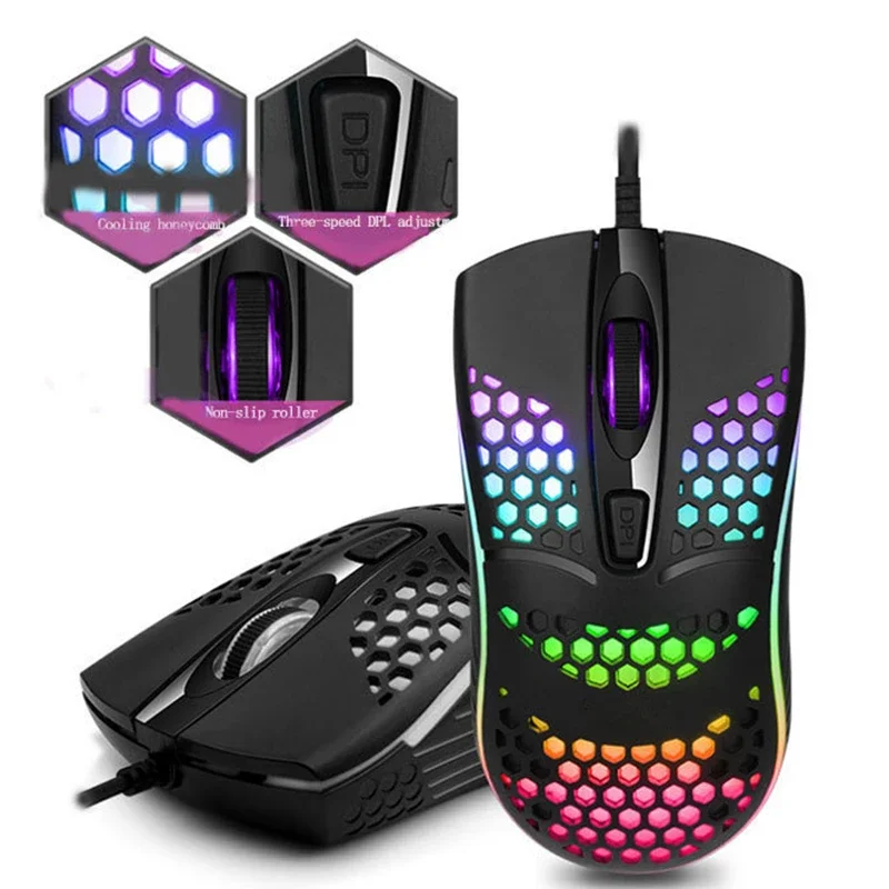 

Wired Cable Gaming 7 Breathing LED Back Light Optical Mouse USB Computer Hollowed Out Mice Laptop Desktop 4D PC Home Use Office