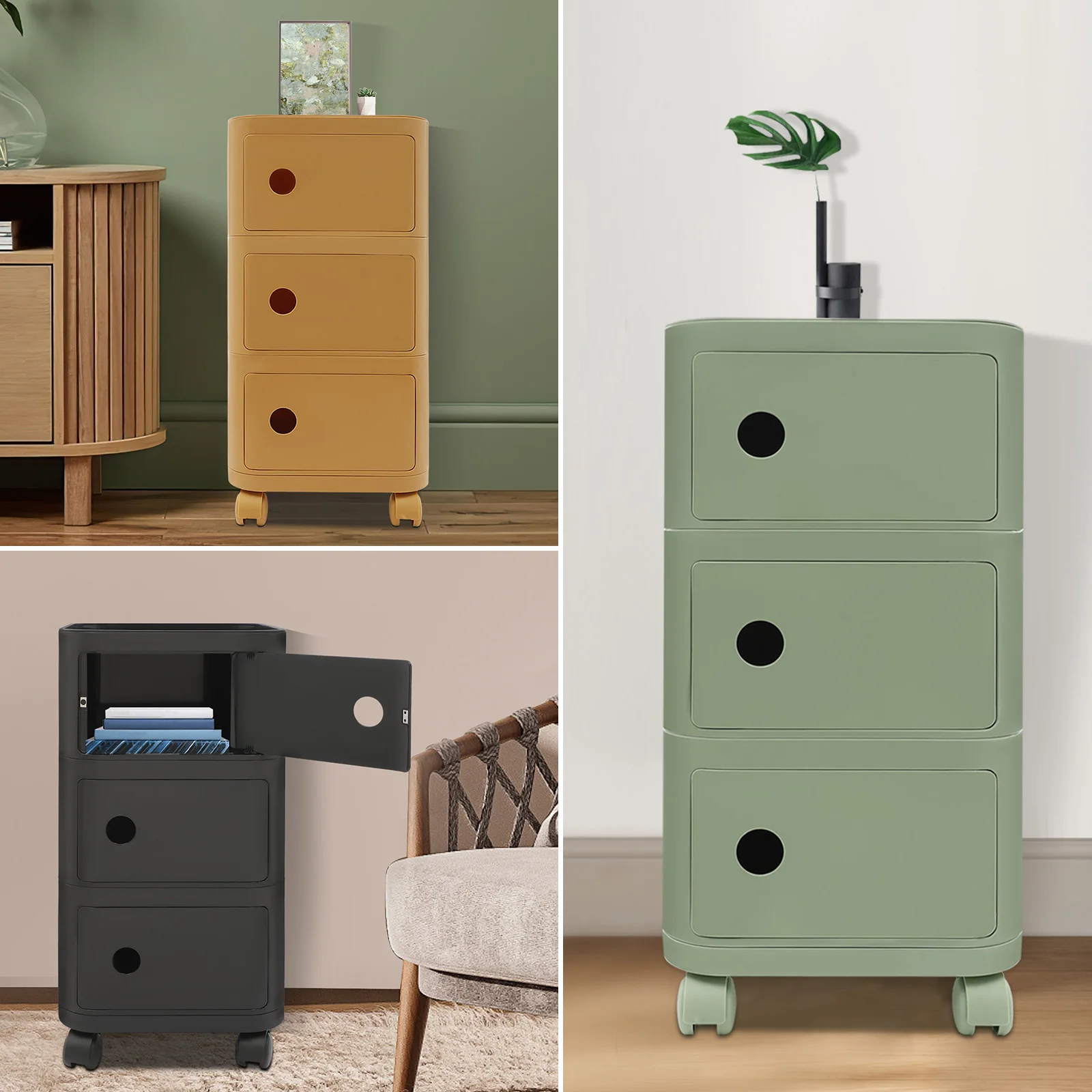 3-stöckiger kreativer Nachttisch, Nachttische, Nachttisch mit Rollen, Gelb/Grün/Schwarz, für Schlafzimmer, Wohnzimmer – Detail 2