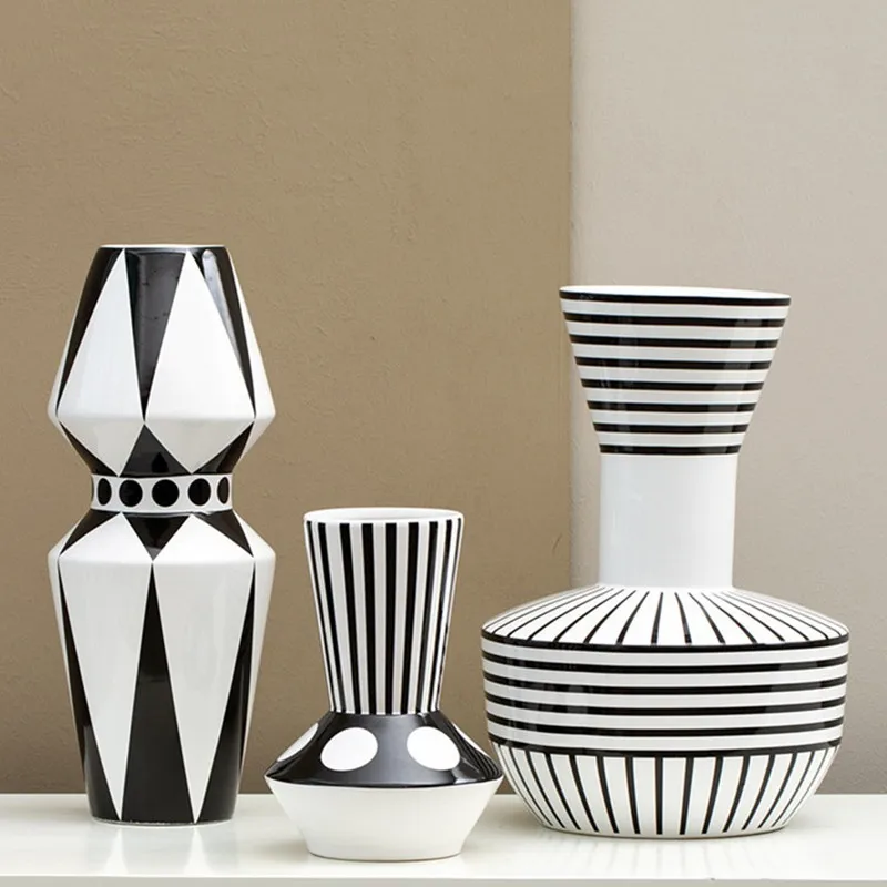 Ceramic Vase Scandinavian Geometric Vase Black and White Striped Bottle Modern Home Decoration Living Room Table Countertop Vase