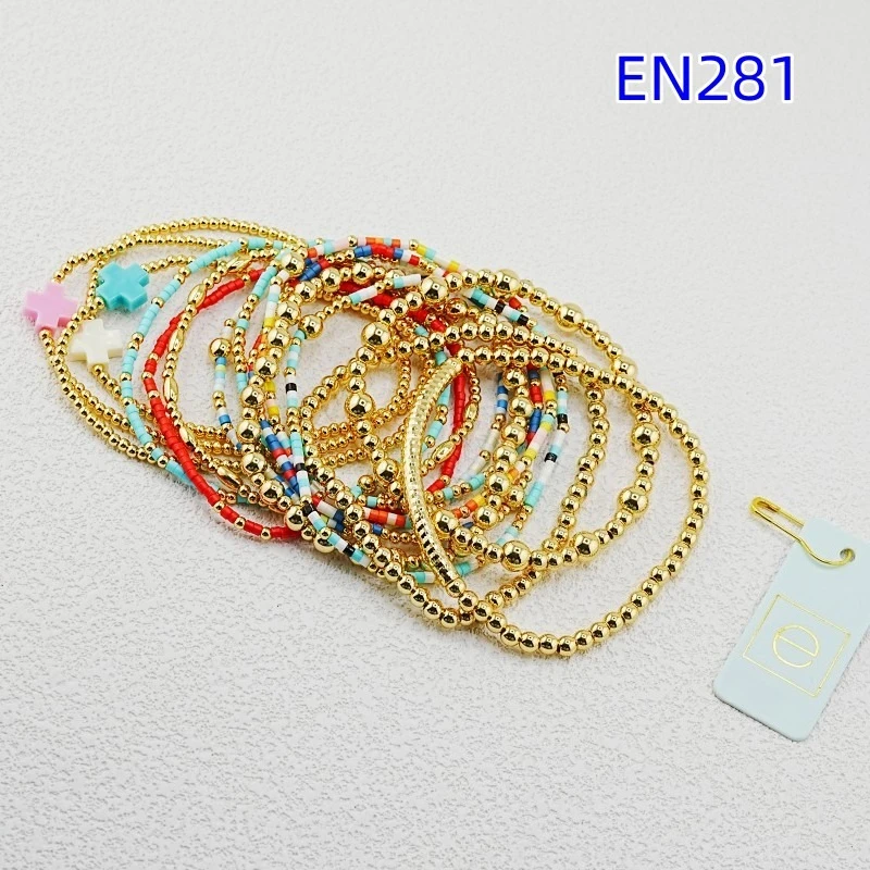 YEEVAA 15Pcs Boho Beaded Stretch Bracelet Set, Colorful Seed Bead & Gold Ball Stackable Bracelets for Women