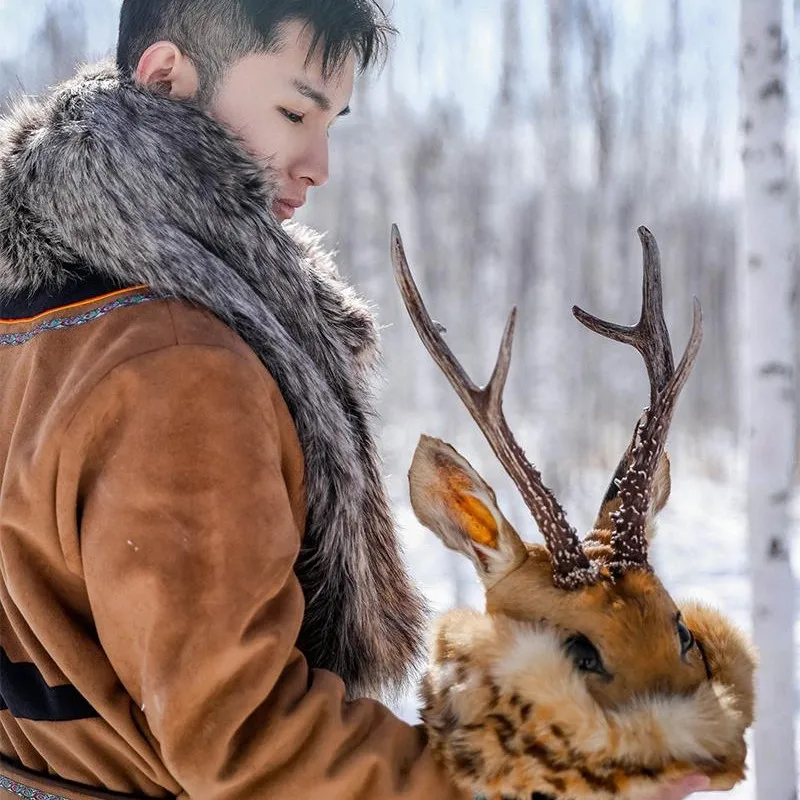 Outdoor women's warm and thickened ethnic-style men's coat with a roe deer horn hat photo clothing