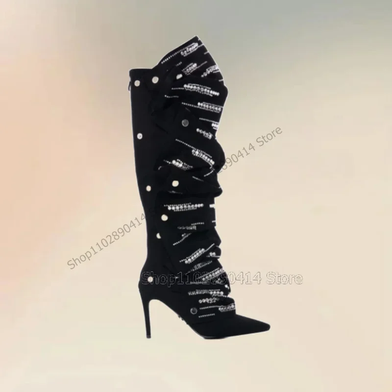 

Metal Rivets Rhinestone Decor Black Pointed Toe Boots Back Zipper Women Shoes Thin High Heels Fashion 2023 Zapatos Para Mujere