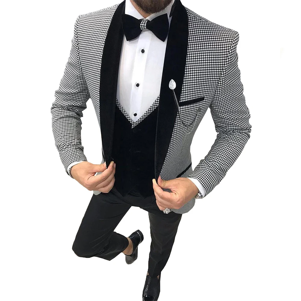 Men's 3 Pcs Suit Blazer+vest+Pants Slim Fit Houndstooth Formal Business Tuxedos Top Quality Woolen Party Wedding Dress Male Suit