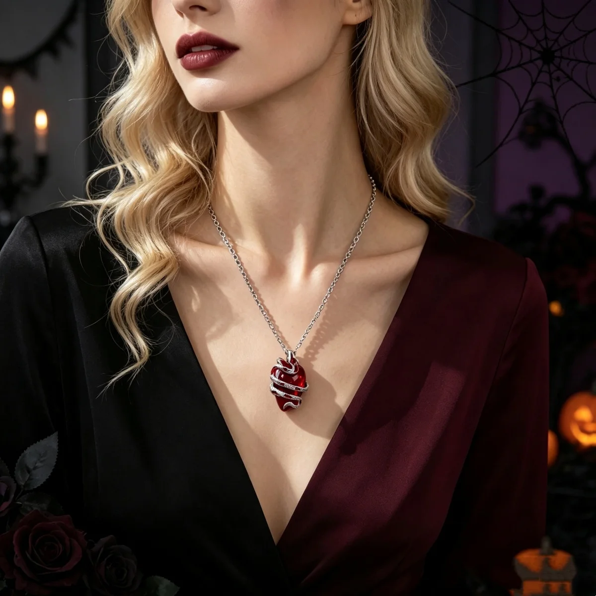Halloween Kreative Schlangen-Umwickelte Rote Herz-Anhänger-Halskette für Damen und Herren, Gothic Punk Dornen-Rosen-Blumen-Choker, Party-Schmuck – Detail 5