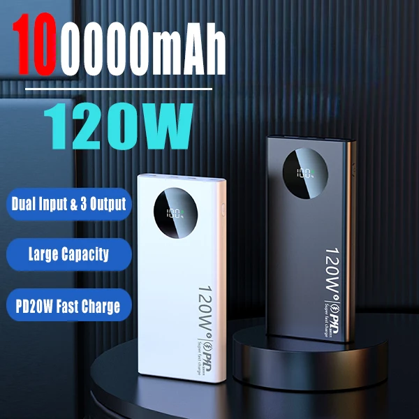 

100000mAh High Capacity Power Bank 120W Fast Charging Powerbank Portable Battery Charger For iPhone Samsung Huawei Xiaomi