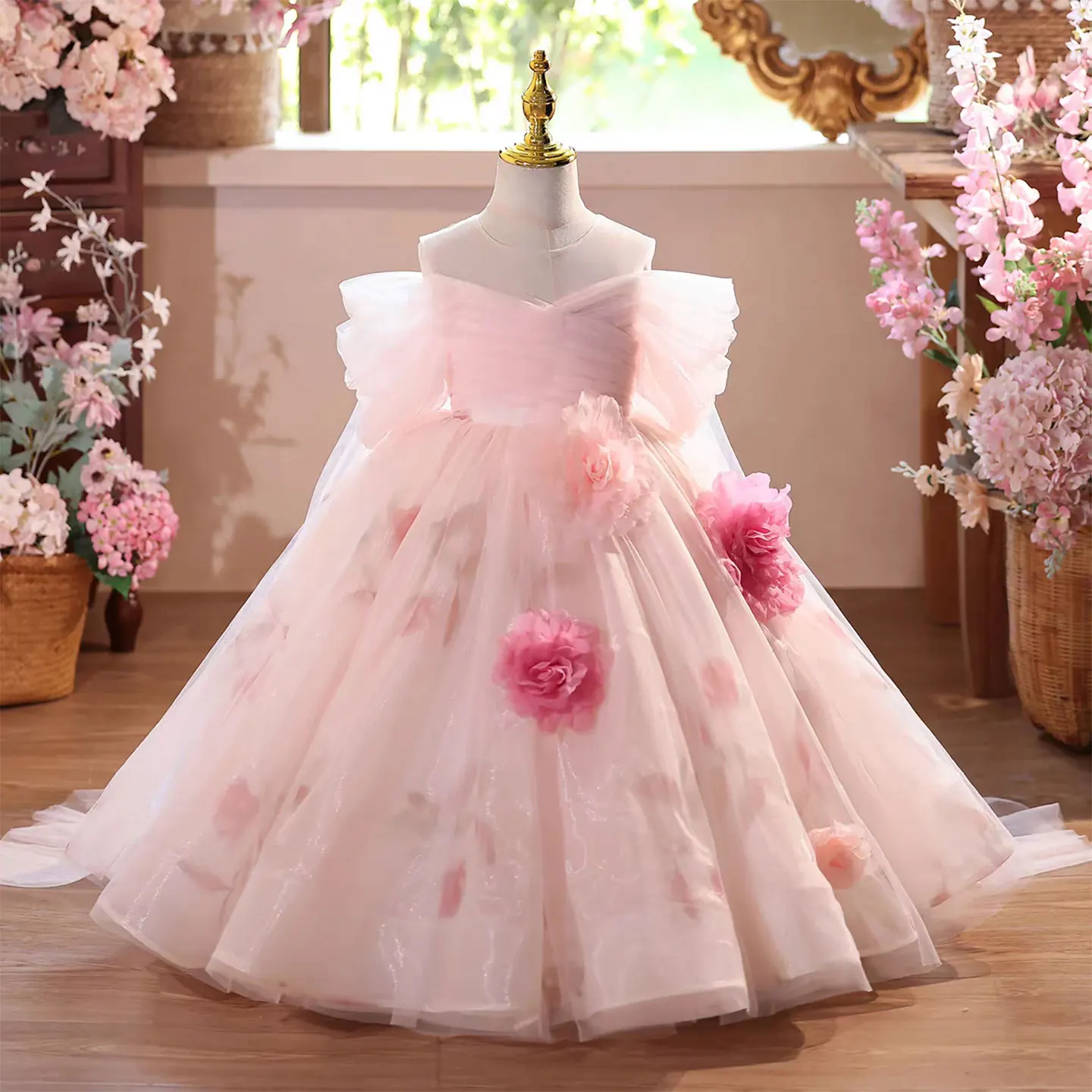 Luxury Pink Off Shoulder Flower Girl Dress 3D Flowers long Lace Kids Princess Wedding Pageant Birthday Party Gown