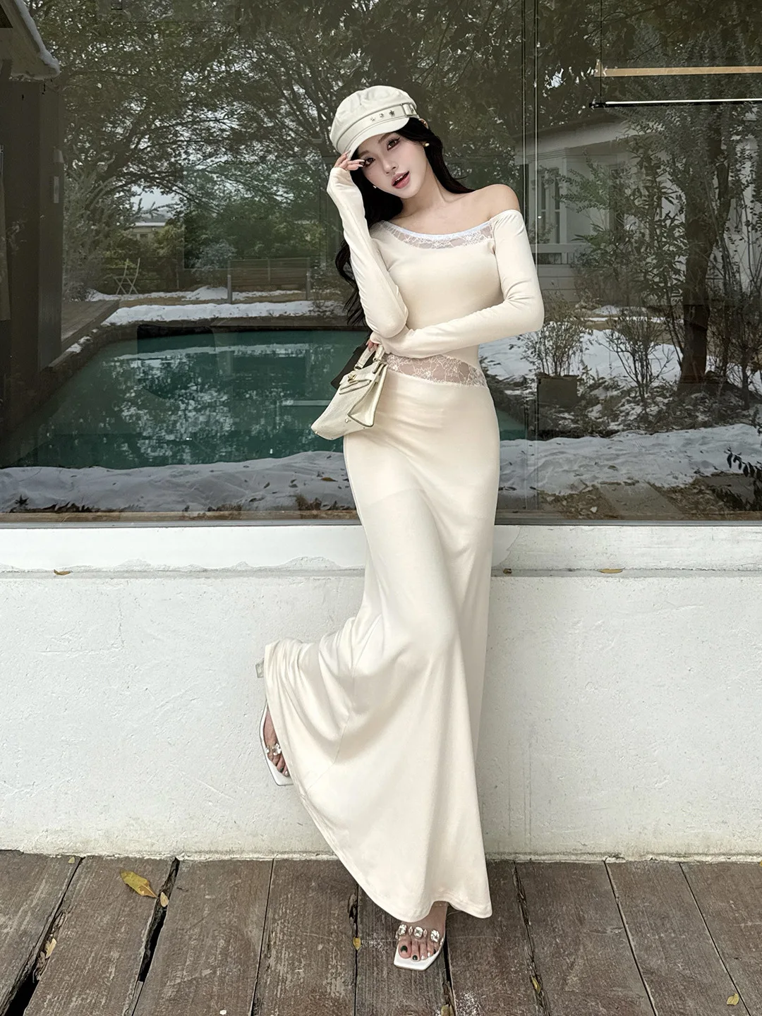 Elegant Asymmetrical Lace Beige Bodycon Dress Sexy One-shoulder High-end Evening Gown Autumn Women's Party Prom Vestidos Robe