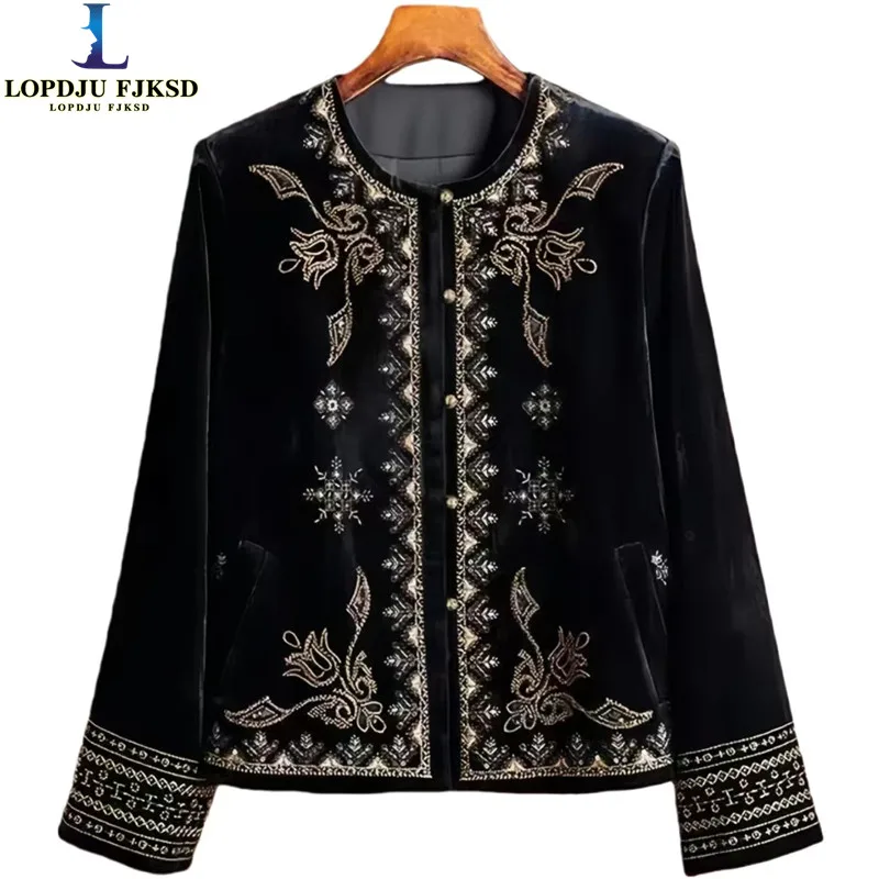 Spring and Autumn Corduroy Coat for Women,Single Breasted Jacket,Embroidery Retro Chinese Style New Top Loose Female Clothe