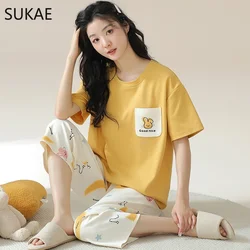 SUKAE Women Capris Pajamas Set Leisure Cartoon Knee-length Sleepwear Lady Short Sleeves Calf-length Pijama Faux Cotton Nightwear