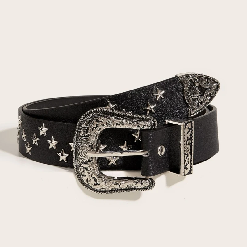 Waist Belt Engraved Buckle for Cowboy Cowgirl With Star Vintage Belt Hot Girl WaistChain Wide Sexy Oversize Belt