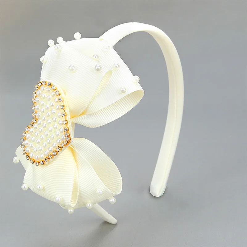 Elegant Pearl Bow Hairbands Fashion Rhinestone Love Heart Headband Kids Ribbon Hair Hoop Headwear Girls Hair Accessories