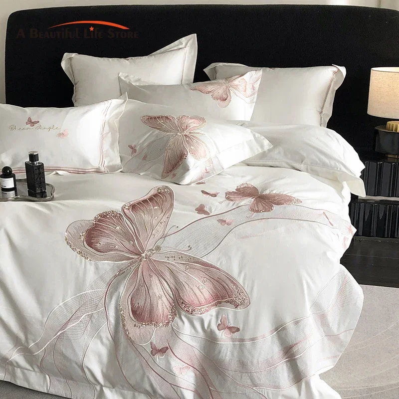 1000TC Egyptian Cotton White Luxury Bedding Set Chic Butterfly Embroidery Queen King Size Duvet Cover Set Bed Sheet Pillowcases