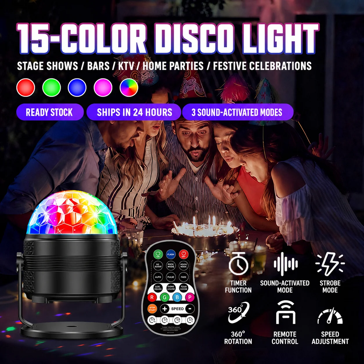 15 Color LED Party Light With Remote Control, Sound Activated Modes, 360 Degree Rotation And Timer For Home Events And Parties